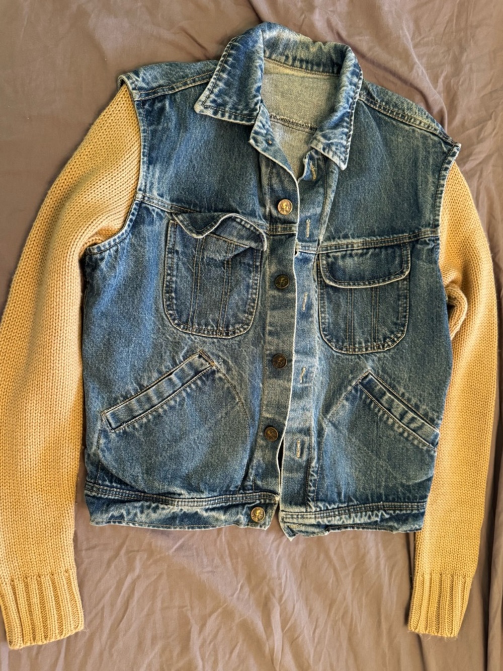 Vintage Denim Jean Jacket with Cable Knit Long Sleeves Unique Retro Blue Tan